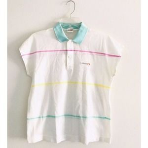 Ellesse | Polo Shirt Womens Size 0 White Stripe Collar Henley Short Sleeves